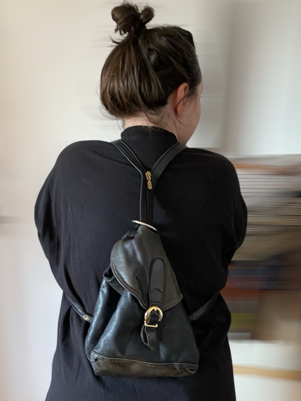 Vintage 90s Black and Gray Leather Backpack with Gold Buckle Made in Canada